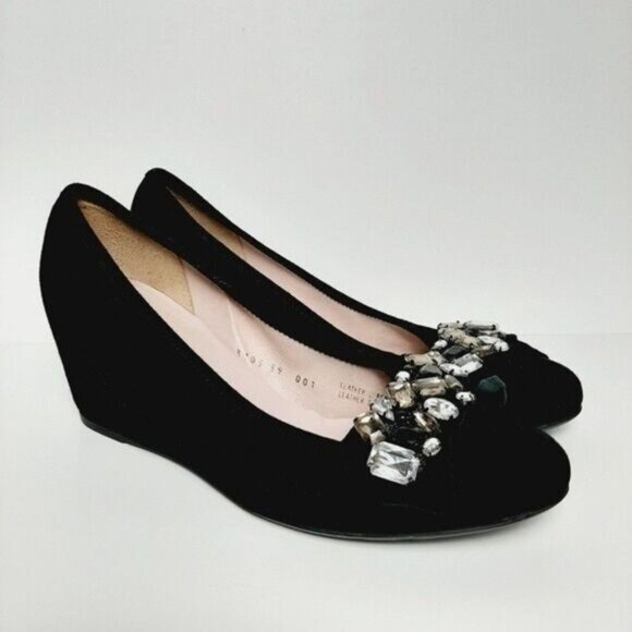 FERCA 81 Italy Jeweled Gem Suede Wedges Heels Black Shoes Sz 8.5 / Eur 39 - Picture 2 of 16